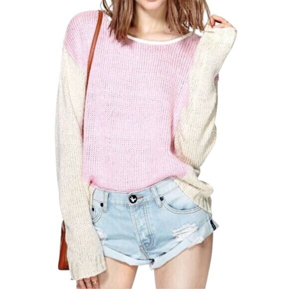 Vtg Y2K Nasty Gal Chunky Pink & Cream Boxy Relaxed Knit Sweater | Soft Girl Twee - Picture 1 of 16